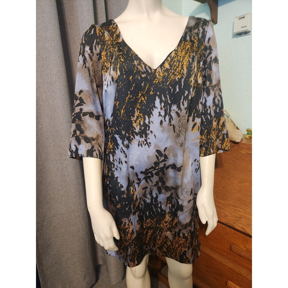 Zara Mini Shift Dress Gold Splashed On Shadow Leaves Ombre Print Made In Spain M